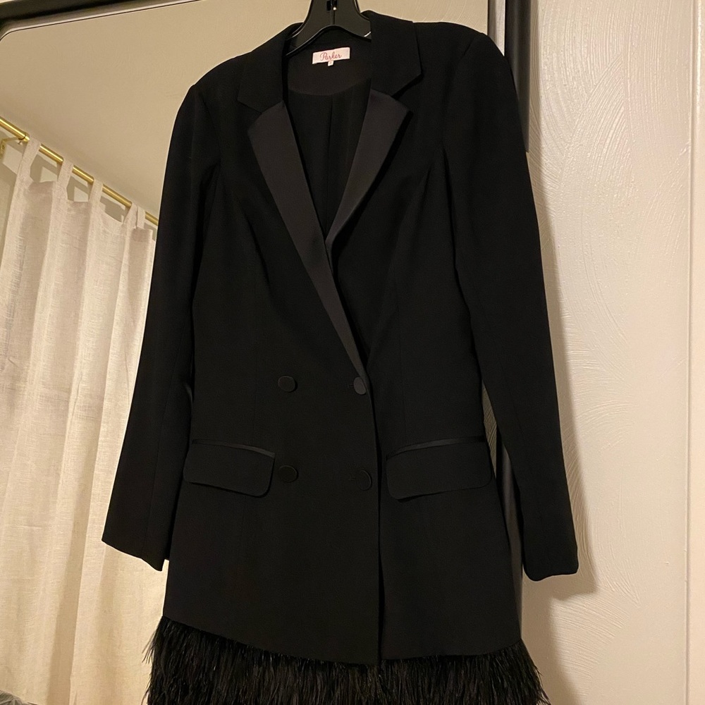 Parker Black Tuxedo Feather Trim Mini Dress Size 2